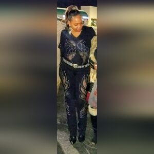 Black Rhinestone Embellished Pant Set